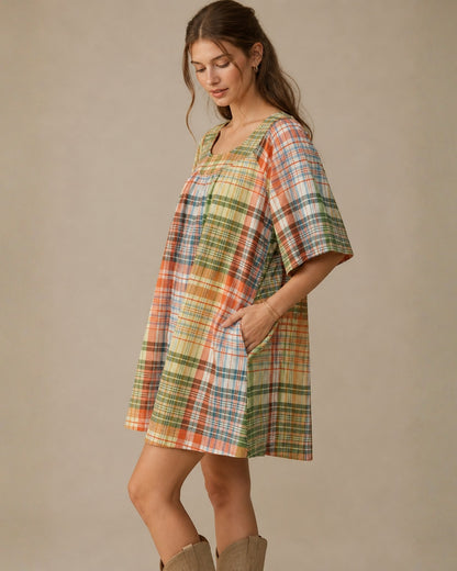Sunday Plaid Square-Neck Mini Swing Dress