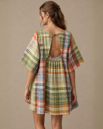 Sunday Plaid Square-Neck Mini Swing Dress