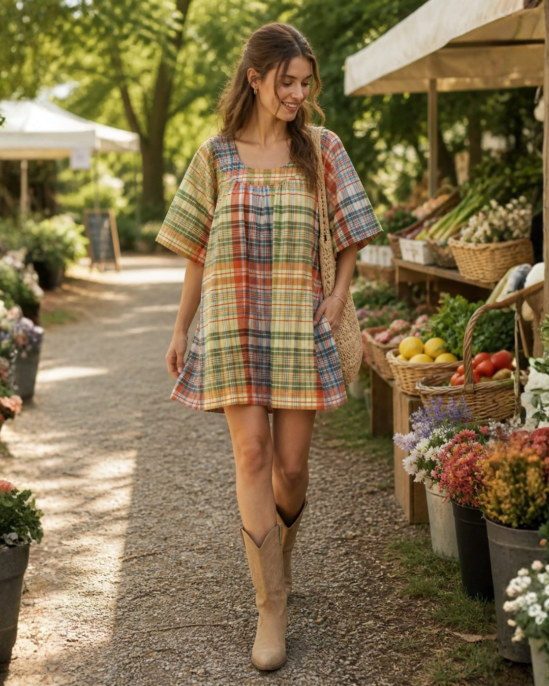 Sunday Plaid Square-Neck Mini Swing Dress